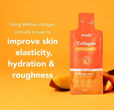 Zooki Super Strength Marine Collagen 11000mg Mango Peach Flavor Liquid Sachets 18.5ml, Pack of 14's Zooki
