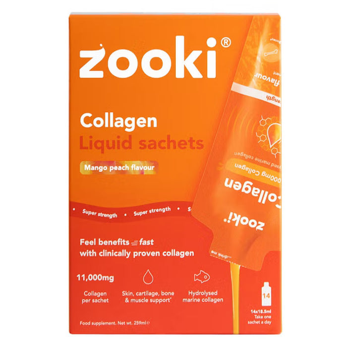 Zooki Super Strength Marine Collagen 11000mg Mango Peach Flavor Liquid Sachets 18.5ml, Pack of 14's Zooki