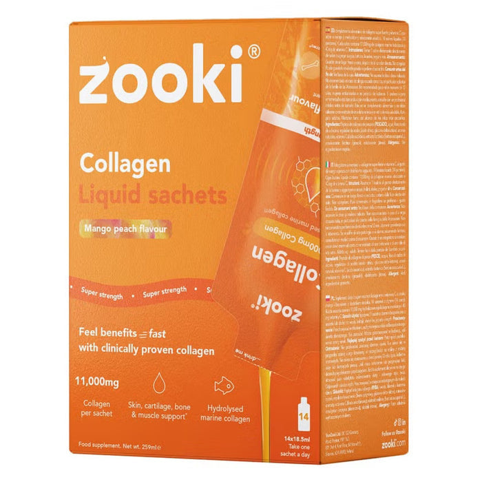 Zooki Super Strength Marine Collagen 11000mg Mango Peach Flavor Liquid Sachets 18.5ml, Pack of 14's Zooki